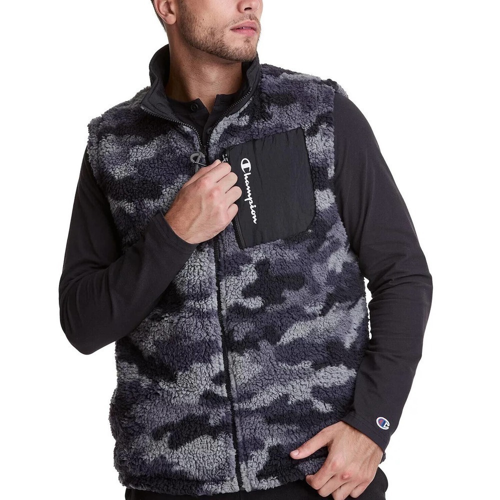 𝅺champion Men's Camouflage Gray High Pile Reversible Zipper Fleece Vest Size S